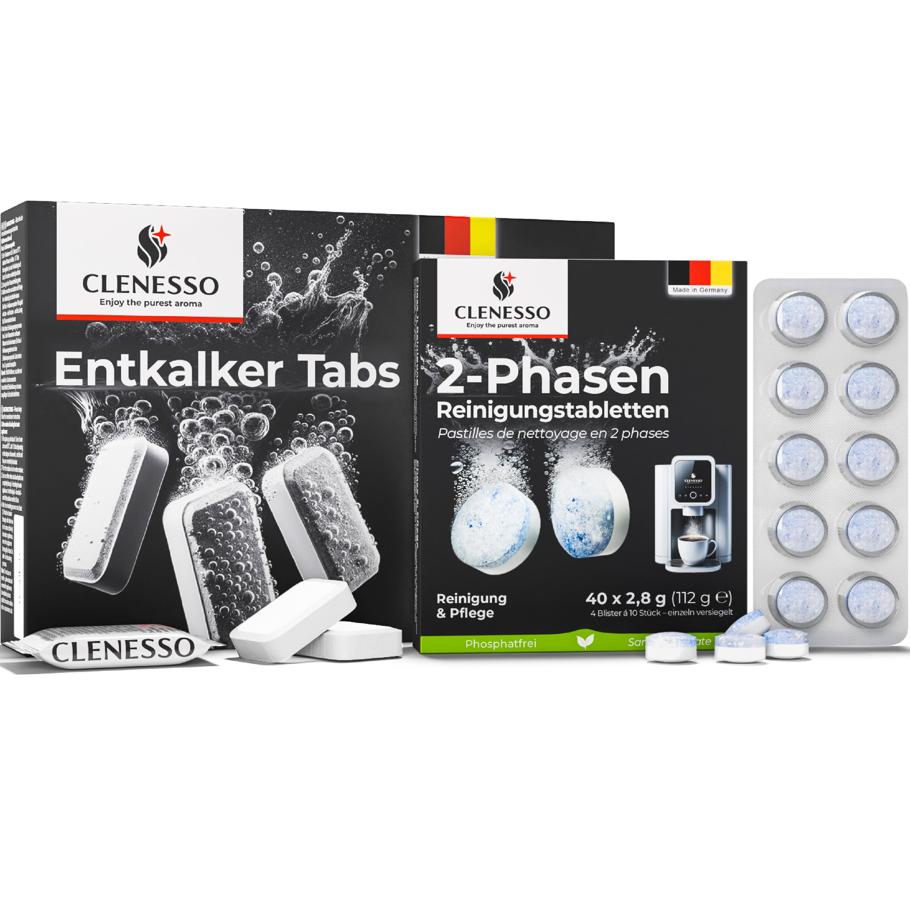 Power Pflegeset: Entkalkungstabletten (50 Stück) + 2-Phasen Reinigungstabletten (40 Stück) – kompatibel mit Jura, Siemens, Philips, Miele uvm.