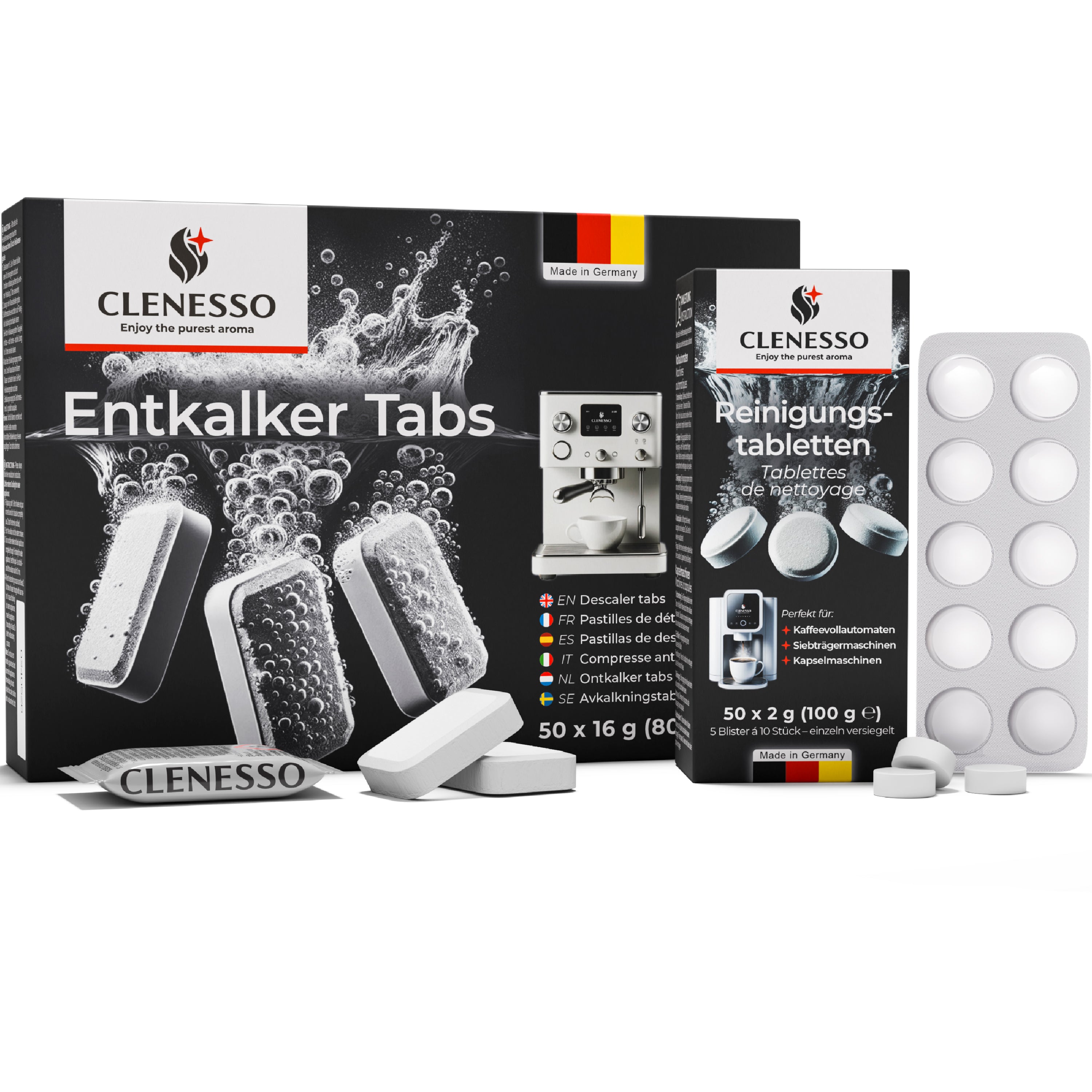Pflegeset – Entkalkungstabletten + Reinigungstabletten (je 50 Stück) – kompatibel mit Siemens, Jura, Krups, Miele uvm.