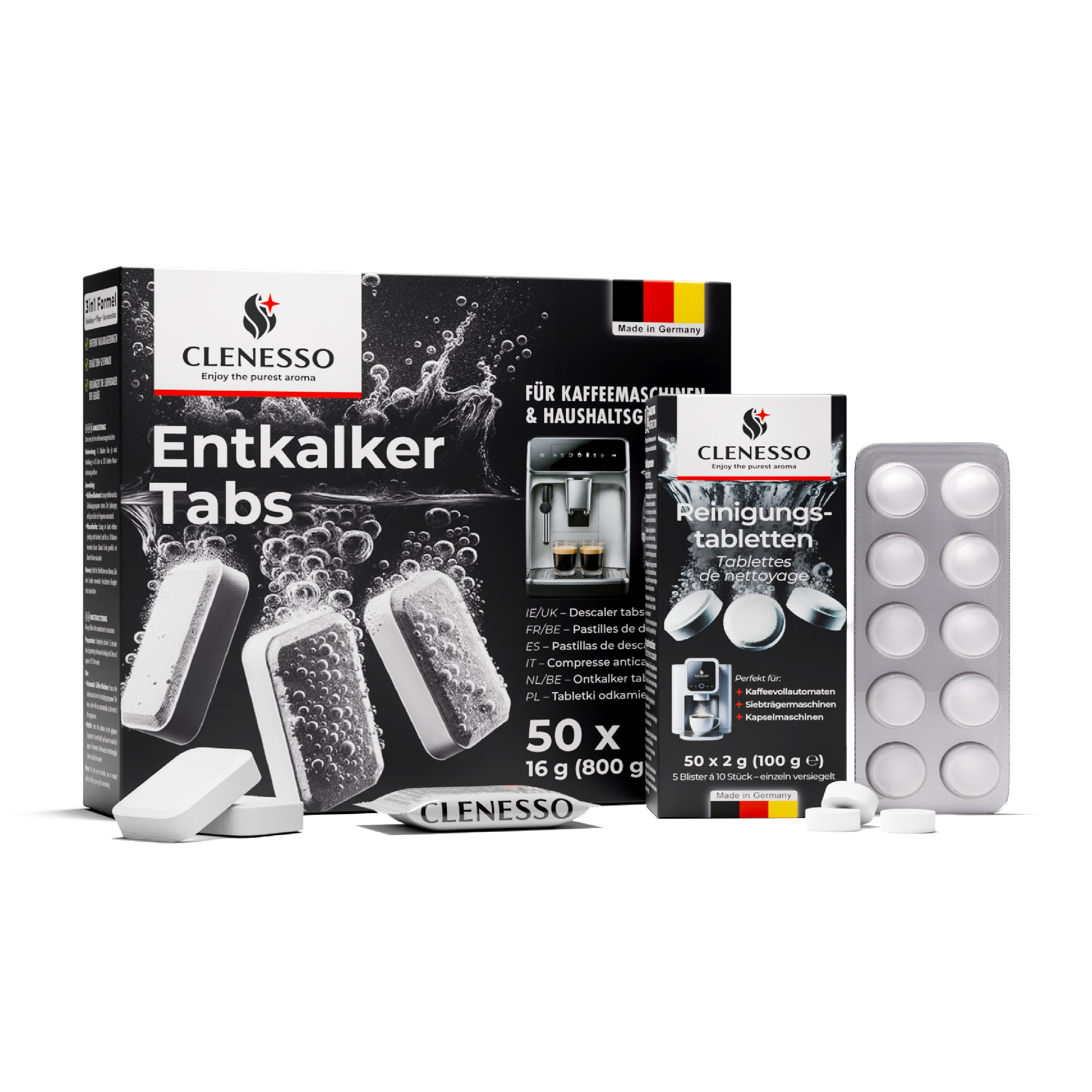 Pflegeset – Entkalkungstabletten + Reinigungstabletten (je 50 Stück) – kompatibel mit Siemens, Jura, Krups, Miele uvm.