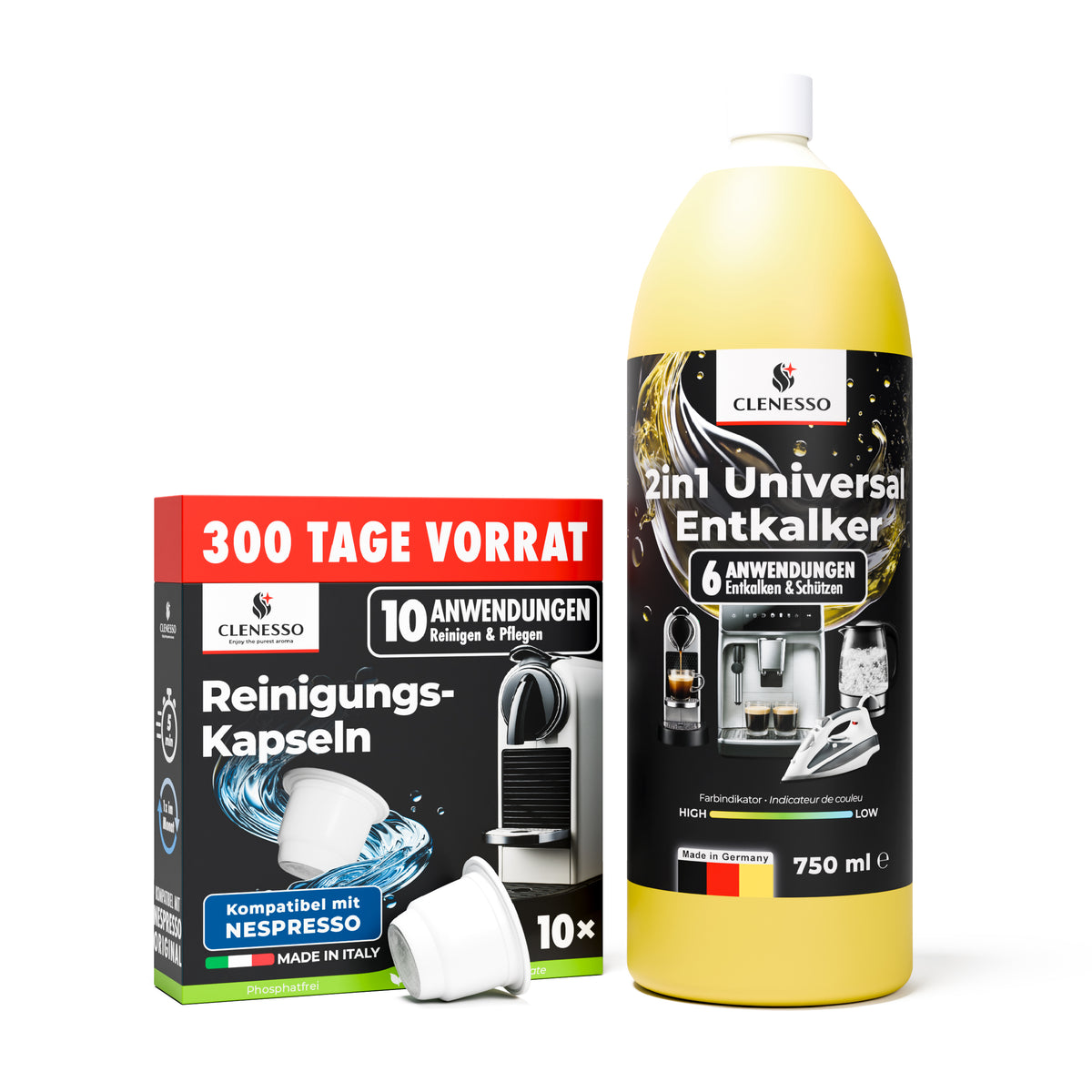 CLENESSO Pflegeset: Reinigungskapseln 10 Stück und 2in1 Flüssig Entkalker 750 ml