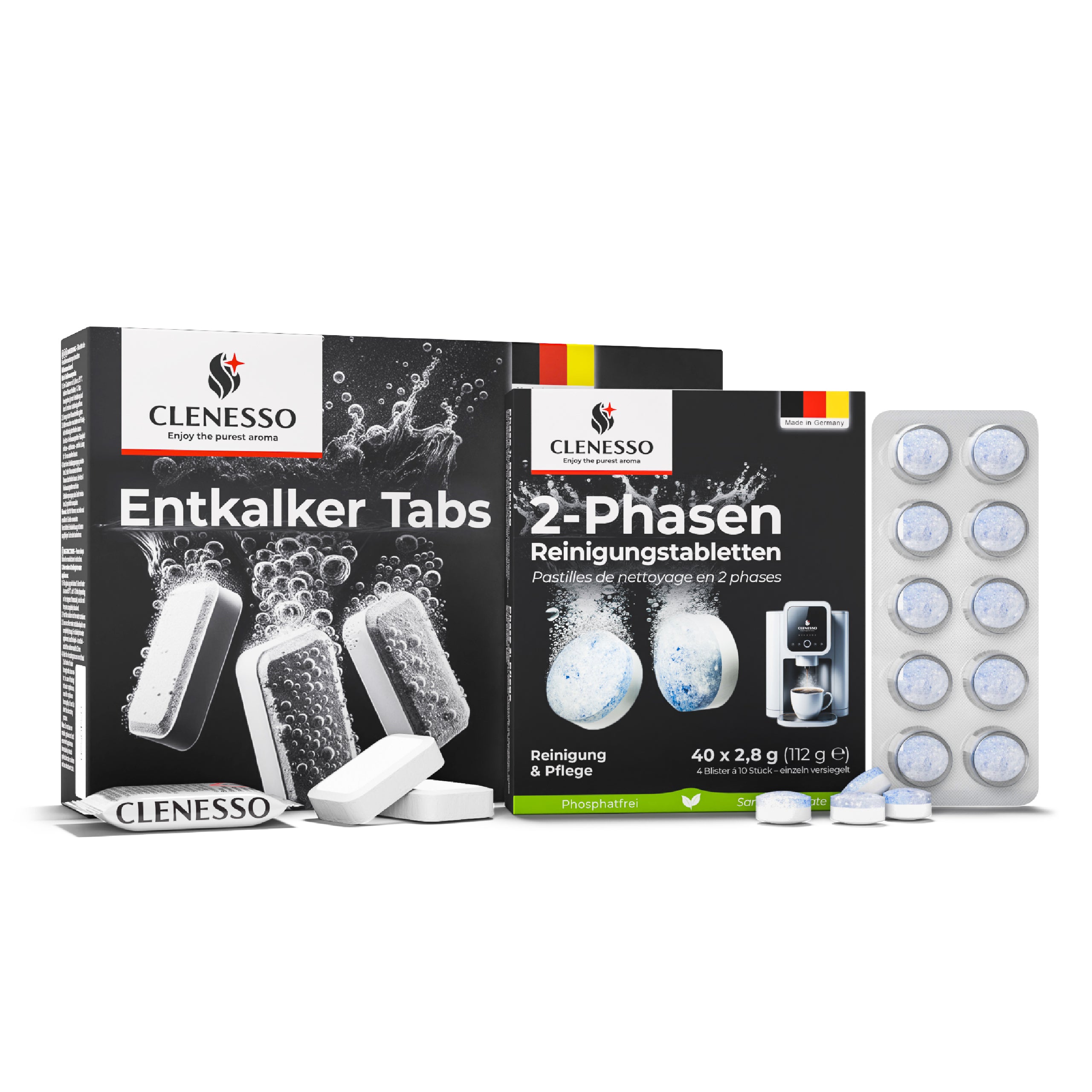 Power Pflegeset: Entkalkungstabletten (50 Stück) + 2-Phasen Reinigungstabletten (40 Stück)  – kompatibel mit Jura, Siemens, Philips, Miele uvm.